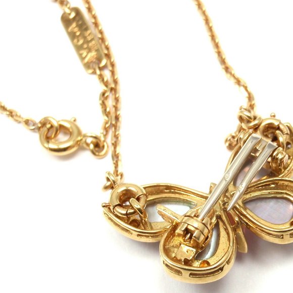 VAN CLEEF & ARPELS 18k Yellow Gold Diamond MOP Coral Butterfly Brooch Necklace - Picture 5 of 12